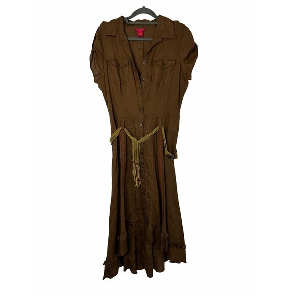 Sunny Leigh Vintage Hi-Low 100% Linen Western‎ Style Midi Dress Brown Belted 10 - Picture 1 of 10